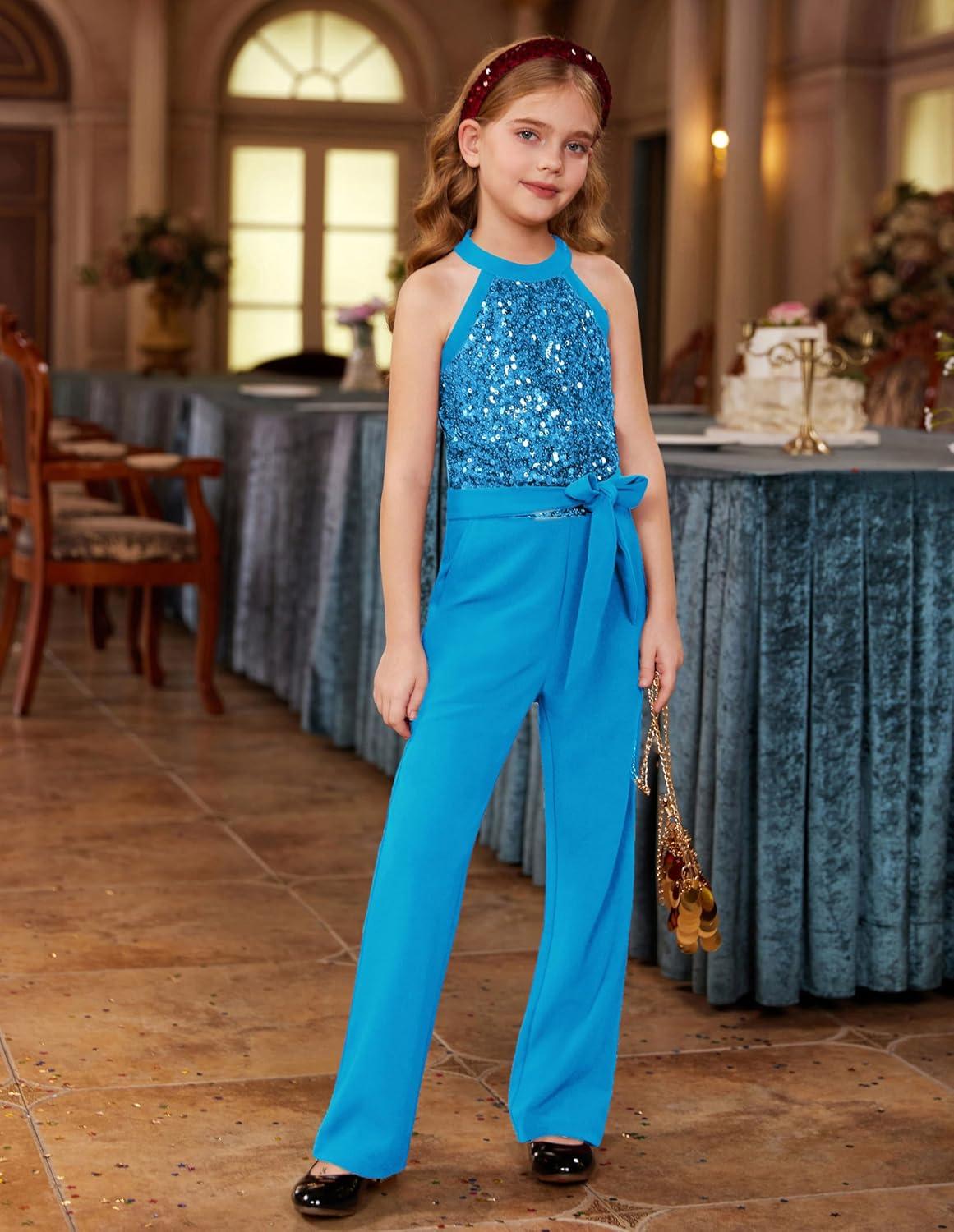 imageGRACE KARIN Girls Jumpsuit Tween Sequin Trendy Party Halter Shinny Dance Formal Romper Bodysuit 612Sky Blue