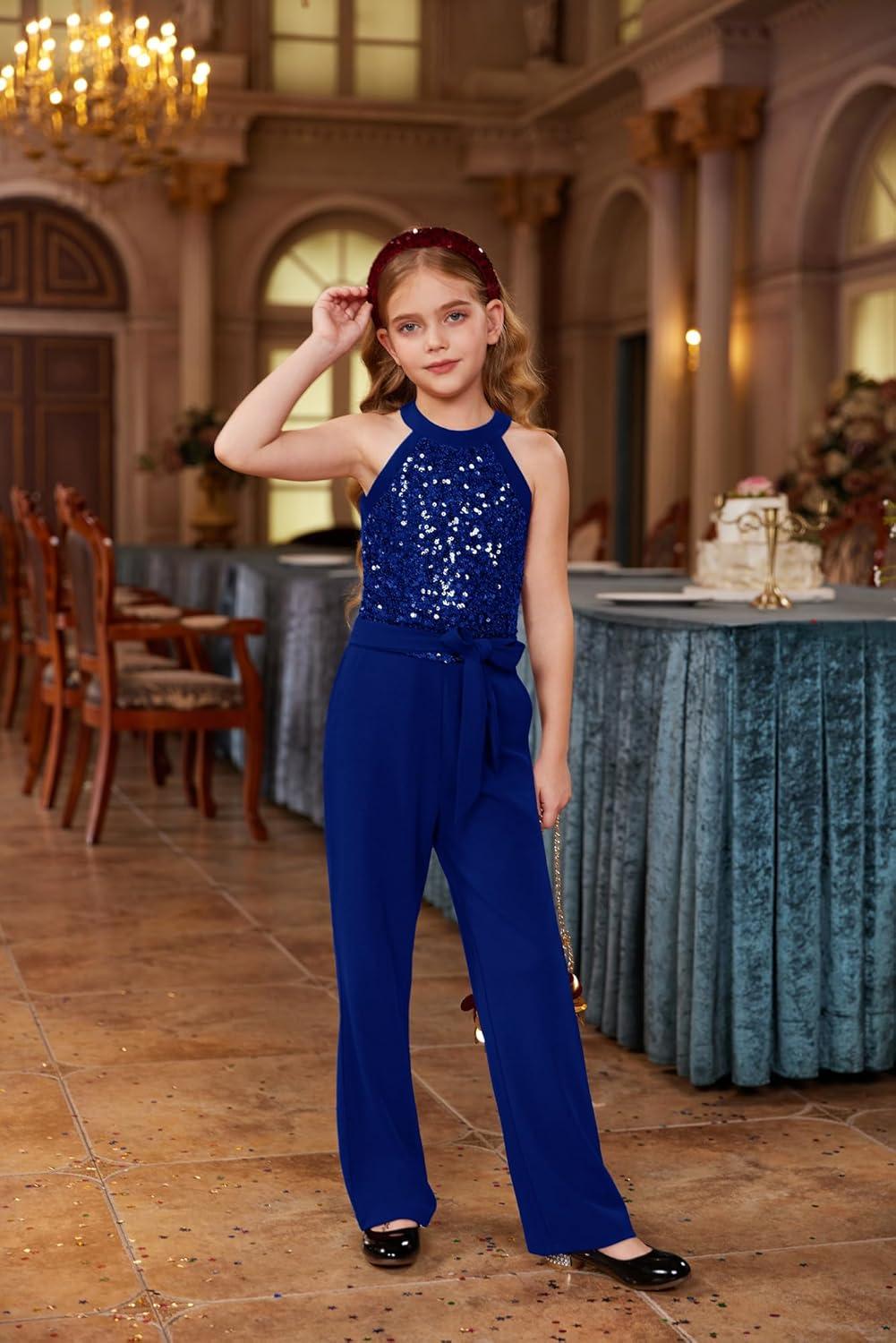 imageGRACE KARIN Girls Jumpsuit Tween Sequin Trendy Party Halter Shinny Dance Formal Romper Bodysuit 612Spakle Blue