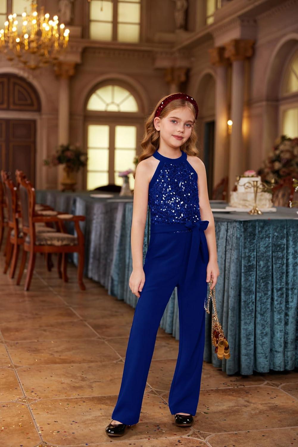 imageGRACE KARIN Girls Jumpsuit Tween Sequin Trendy Party Halter Shinny Dance Formal Romper Bodysuit 612Spakle Blue