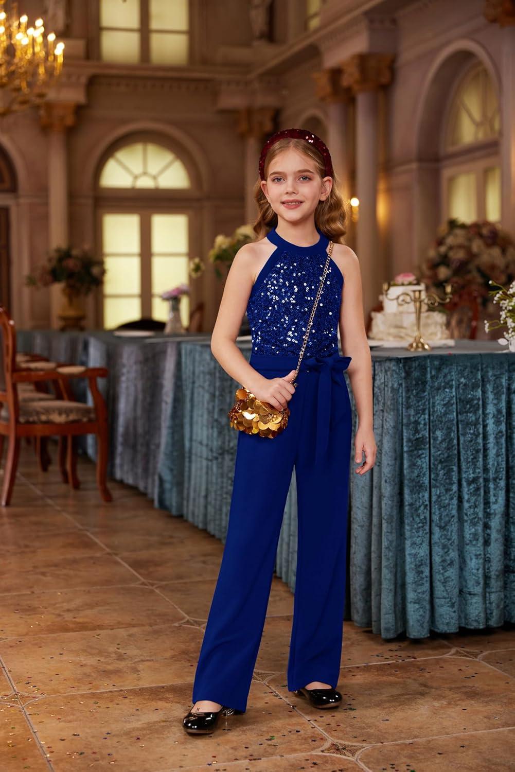 imageGRACE KARIN Girls Jumpsuit Tween Sequin Trendy Party Halter Shinny Dance Formal Romper Bodysuit 612Spakle Blue