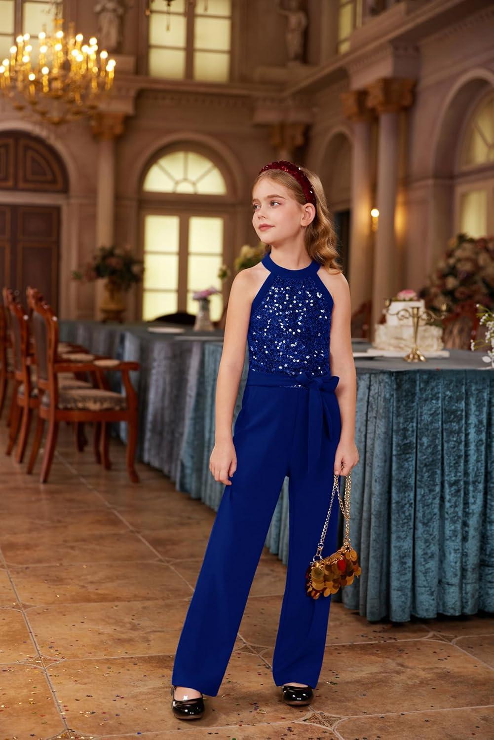 imageGRACE KARIN Girls Jumpsuit Tween Sequin Trendy Party Halter Shinny Dance Formal Romper Bodysuit 612Spakle Blue