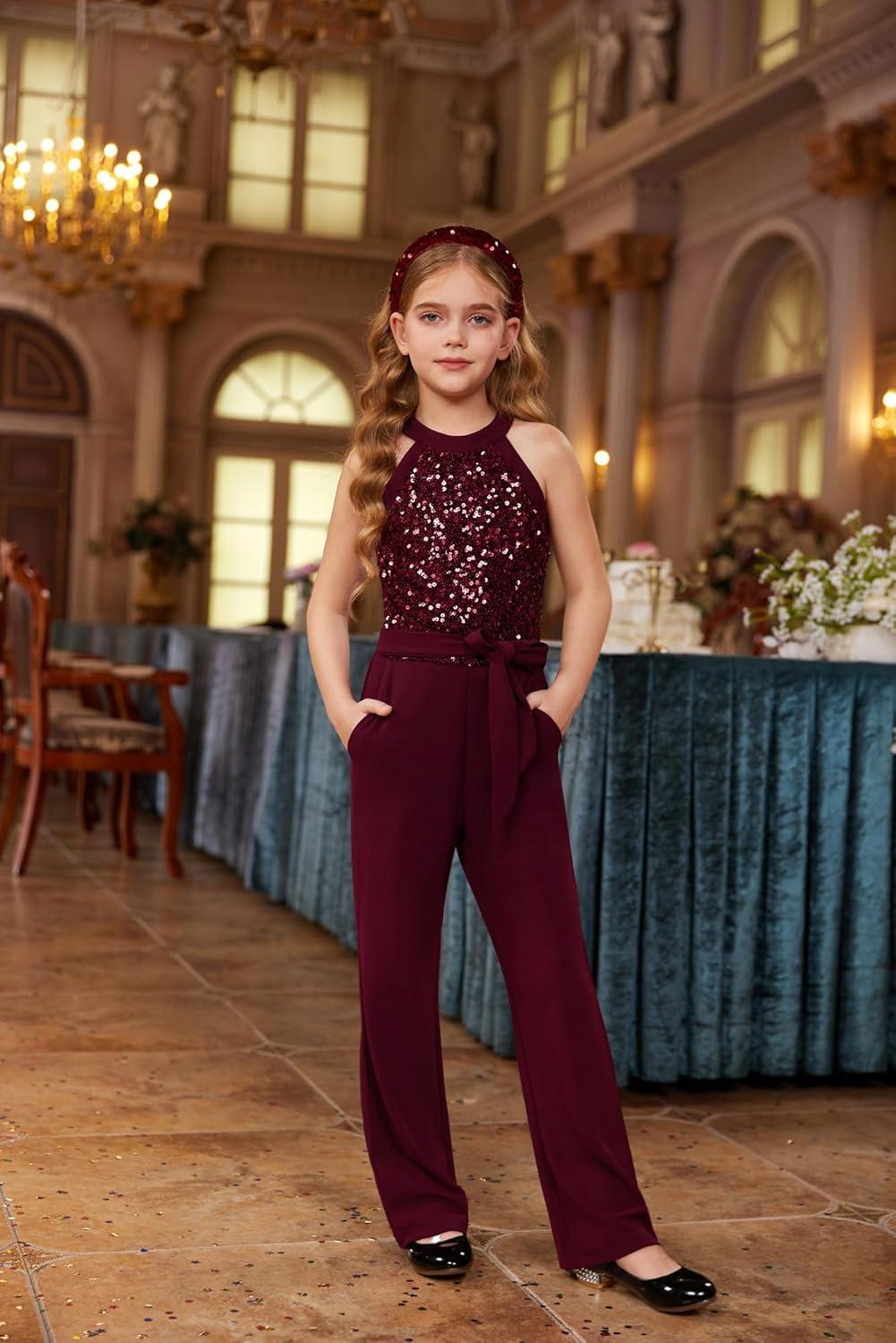 imageGRACE KARIN Girls Jumpsuit Tween Sequin Trendy Party Halter Shinny Dance Formal Romper Bodysuit 612Wine Red
