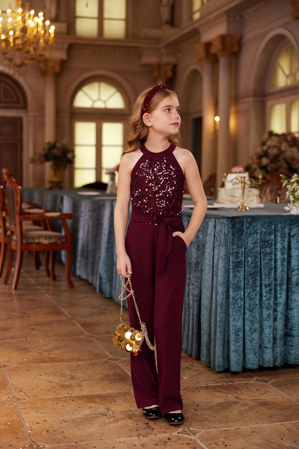 imageGRACE KARIN Girls Jumpsuit Tween Sequin Trendy Party Halter Shinny Dance Formal Romper Bodysuit 612Wine Red