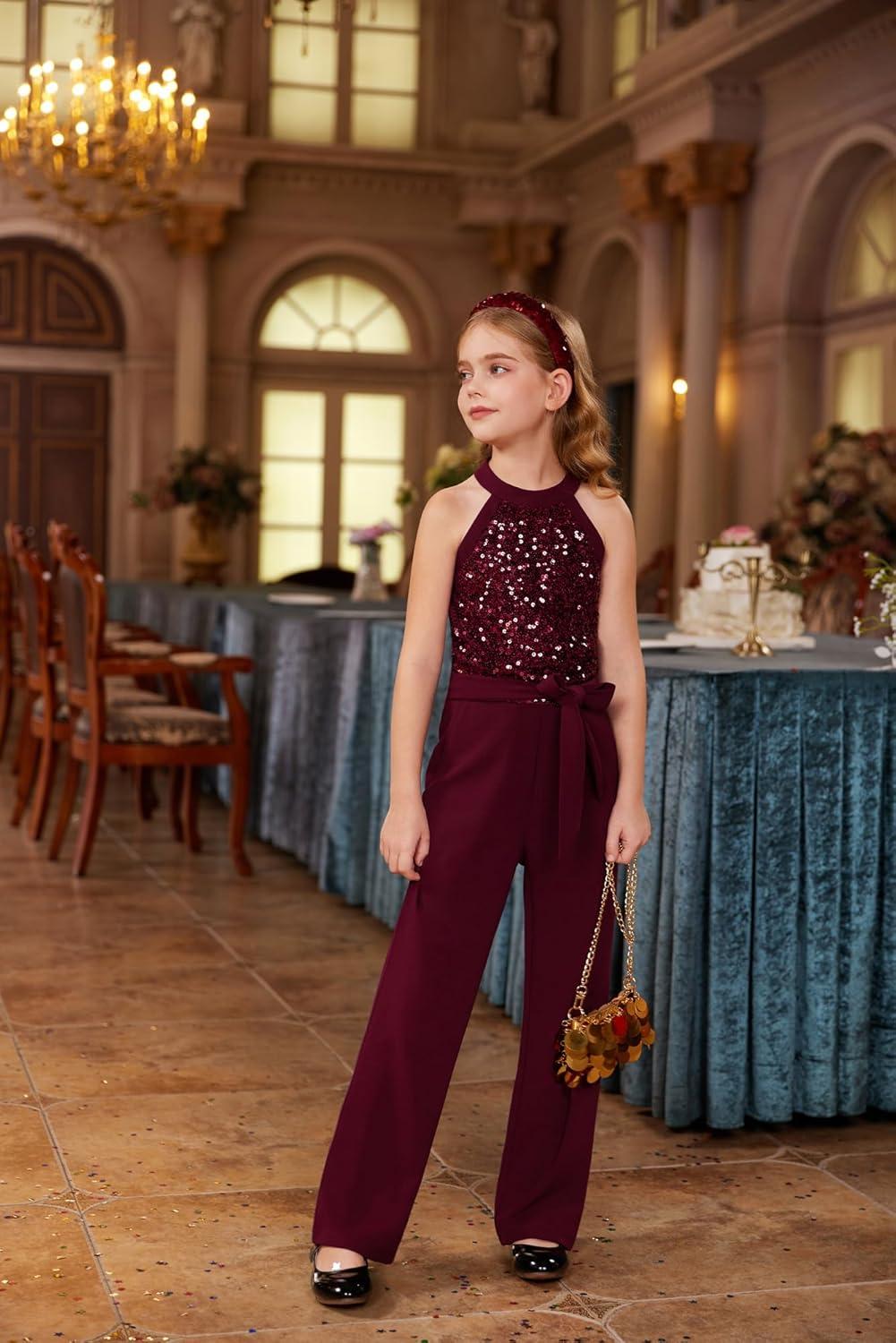 imageGRACE KARIN Girls Jumpsuit Tween Sequin Trendy Party Halter Shinny Dance Formal Romper Bodysuit 612Wine Red