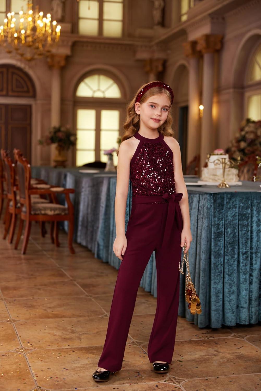 imageGRACE KARIN Girls Jumpsuit Tween Sequin Trendy Party Halter Shinny Dance Formal Romper Bodysuit 612Wine Red