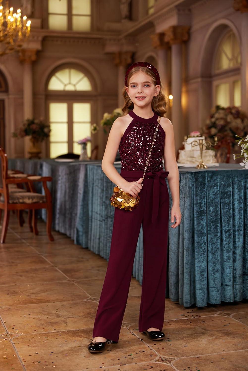 imageGRACE KARIN Girls Jumpsuit Tween Sequin Trendy Party Halter Shinny Dance Formal Romper Bodysuit 612Wine Red