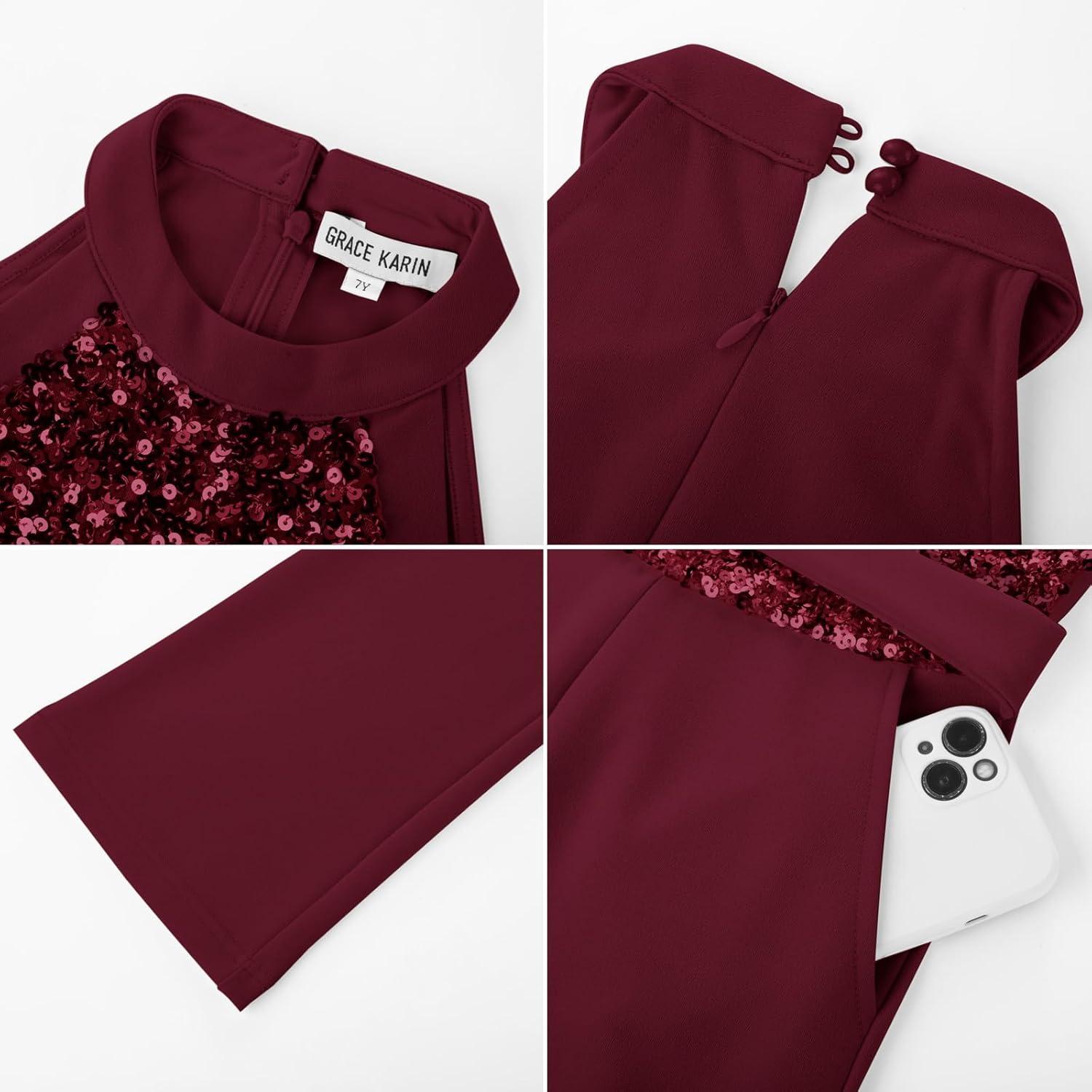 imageGRACE KARIN Girls Jumpsuit Tween Sequin Trendy Party Halter Shinny Dance Formal Romper Bodysuit 612Wine Red