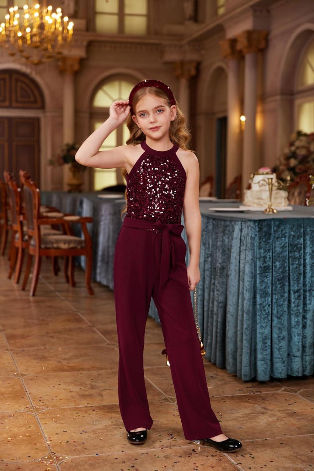 imageGRACE KARIN Girls Jumpsuit Tween Sequin Trendy Party Halter Shinny Dance Formal Romper Bodysuit 612Wine Red