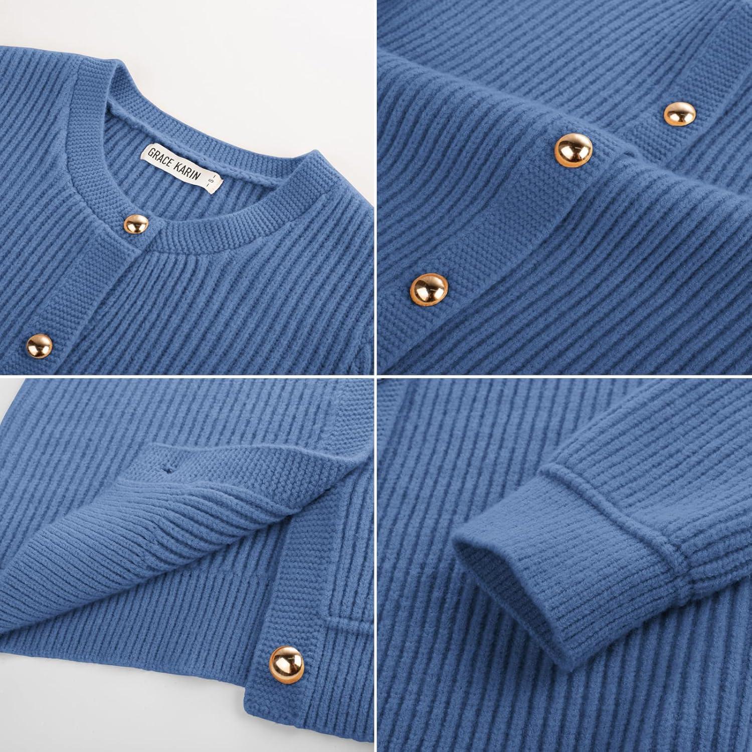 imageGRACE KARIN Knit Cardigan Sweaters for Women Long Sleeve Ribbed Button Up Sweater 2026 Spring Casual JacketBlue