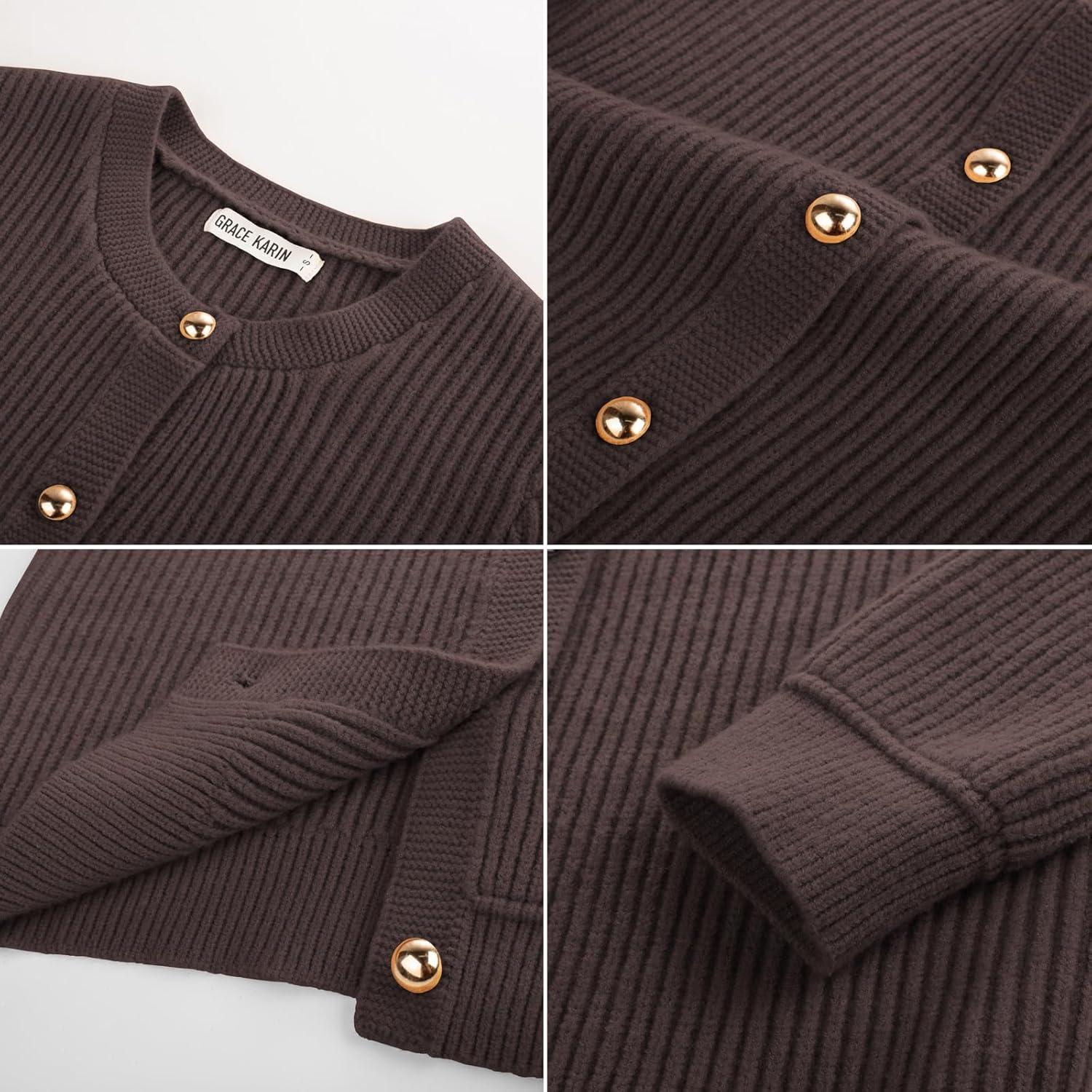 imageGRACE KARIN Knit Cardigan Sweaters for Women Long Sleeve Ribbed Button Up Sweater 2026 Spring Casual JacketCoffee