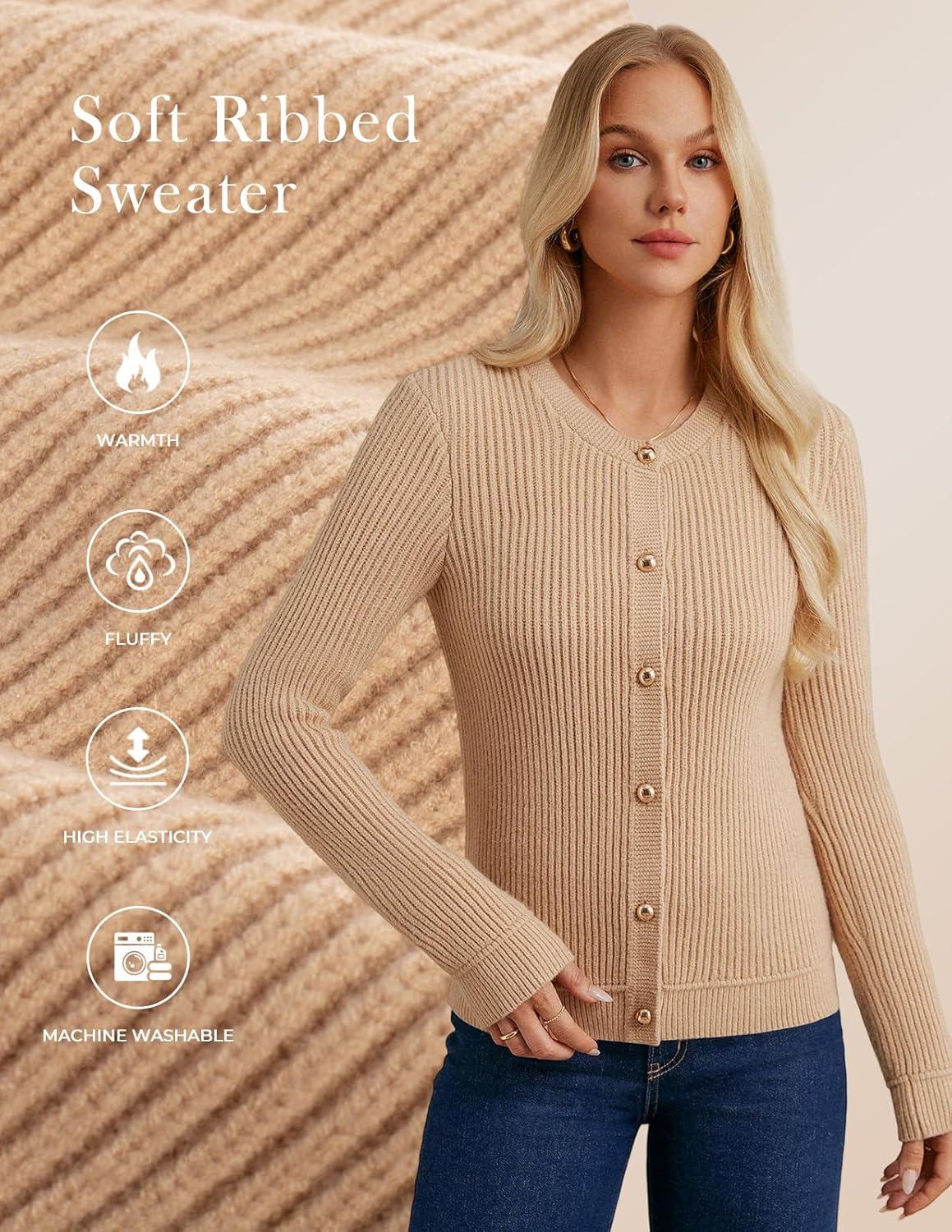 imageGRACE KARIN Knit Cardigan Sweaters for Women Long Sleeve Ribbed Button Up Sweater 2026 Spring Casual JacketKhaki