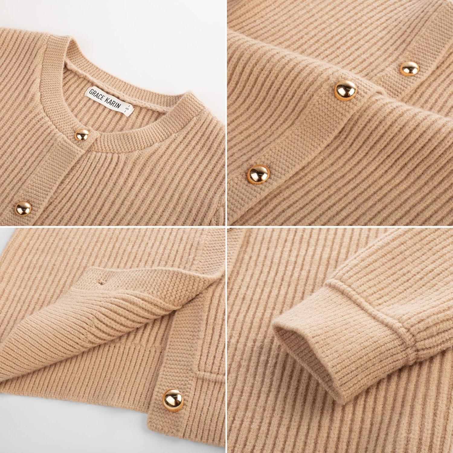 imageGRACE KARIN Knit Cardigan Sweaters for Women Long Sleeve Ribbed Button Up Sweater 2026 Spring Casual JacketKhaki