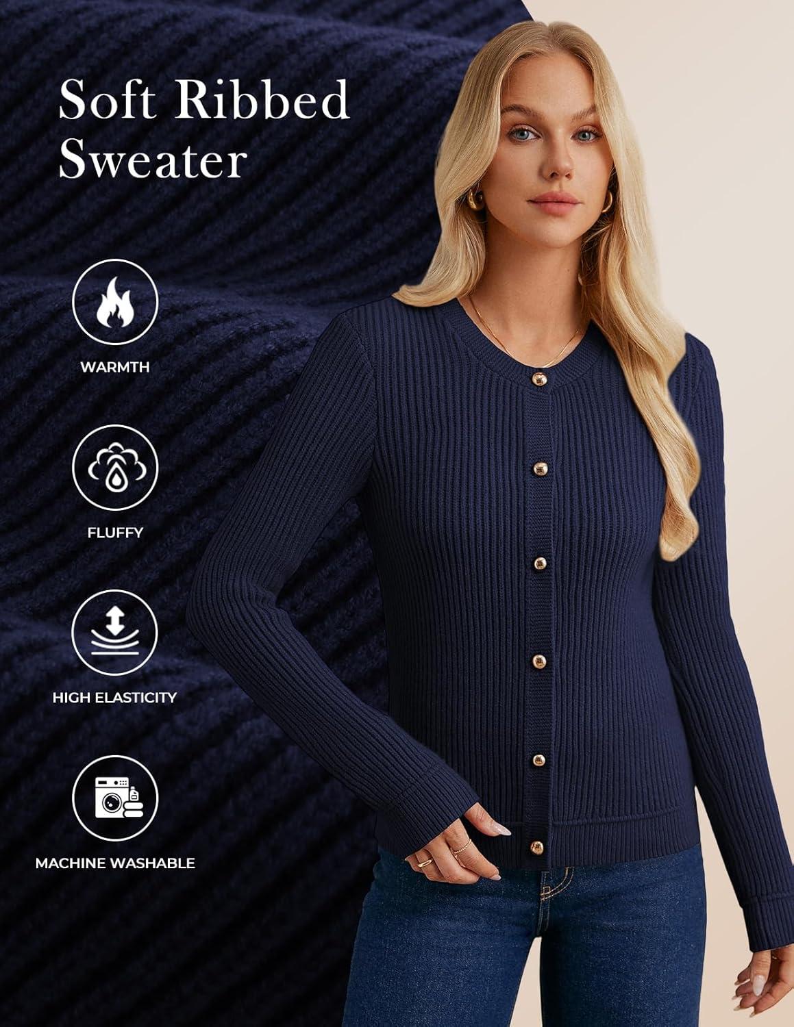 imageGRACE KARIN Knit Cardigan Sweaters for Women Long Sleeve Ribbed Button Up Sweater 2026 Spring Casual JacketNavy Blue