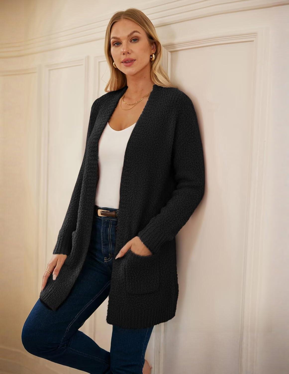 imageGRACE KARIN Long Cardigan Sweaters for Women Open Front Fuzzy Winter Coat Chunky Knit Winter Clothing with PocketsBlack