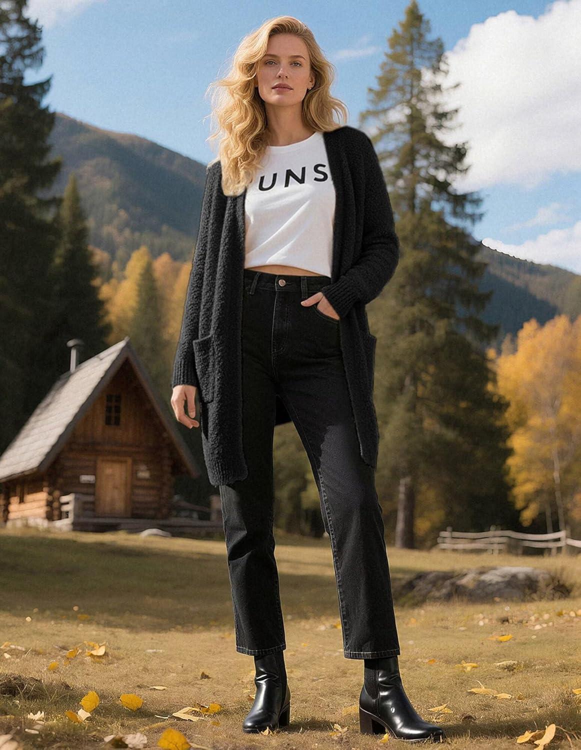 imageGRACE KARIN Long Cardigan Sweaters for Women Open Front Fuzzy Winter Coat Chunky Knit Winter Clothing with PocketsBlack