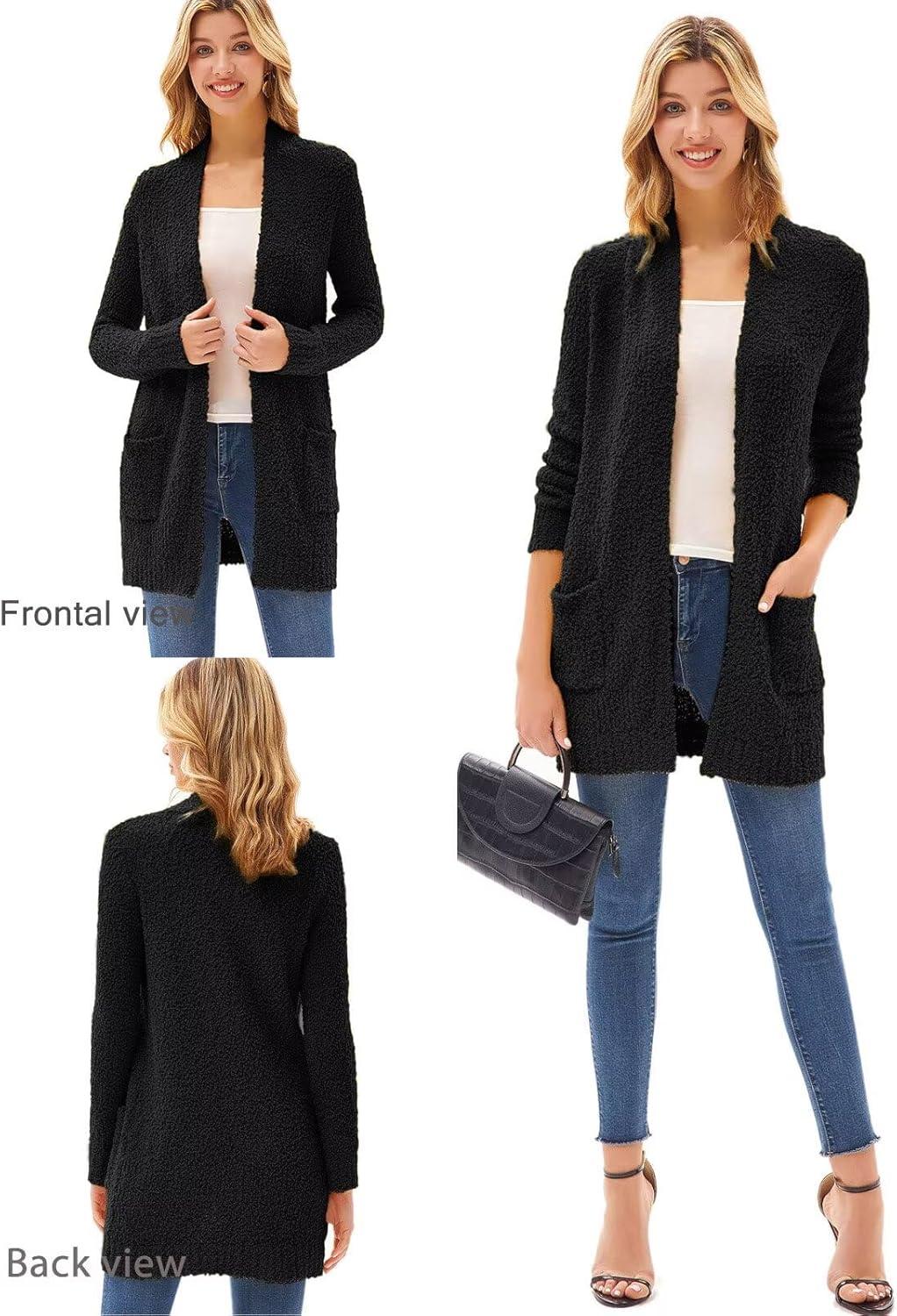 imageGRACE KARIN Long Cardigan Sweaters for Women Open Front Fuzzy Winter Coat Chunky Knit Winter Clothing with PocketsBlack