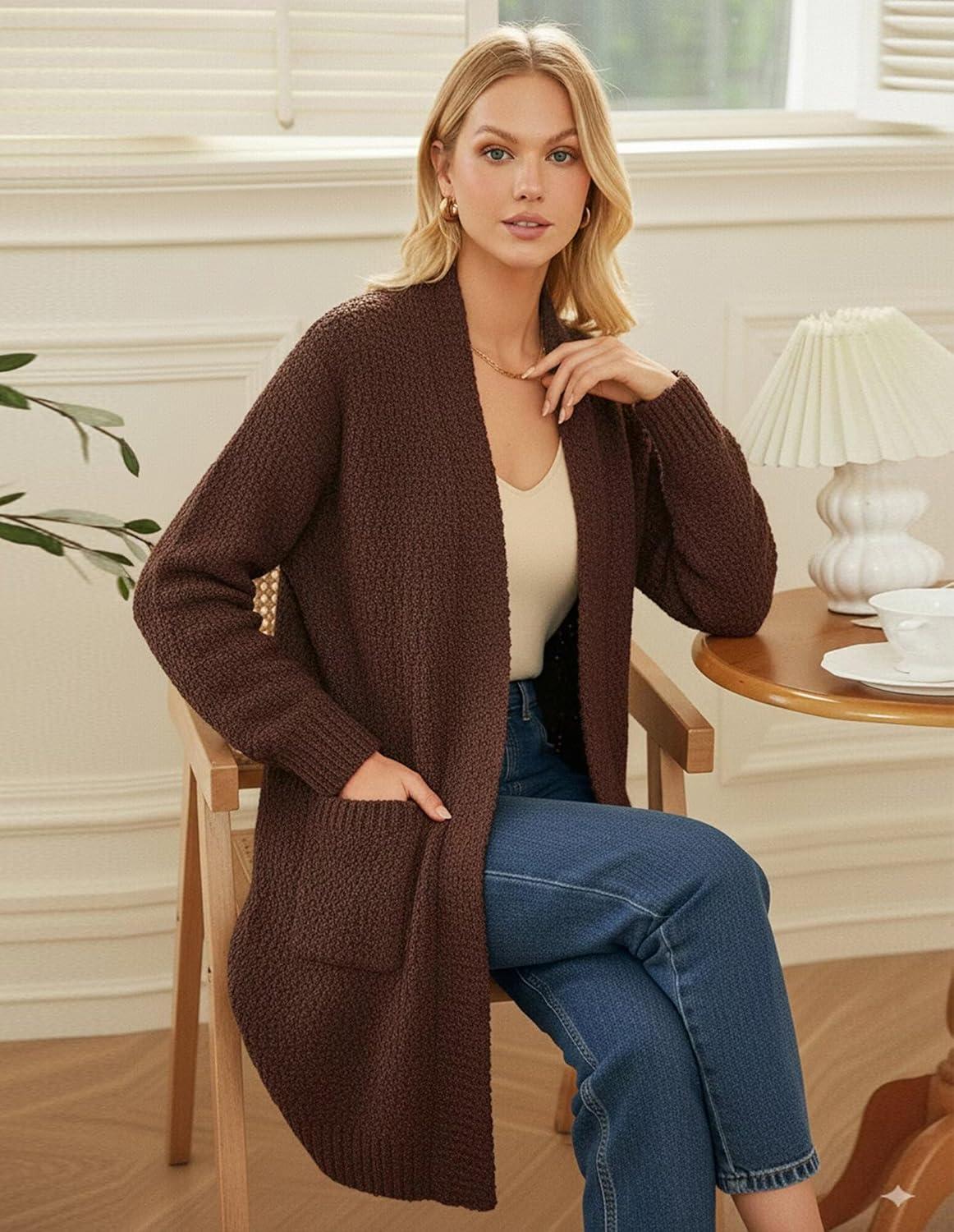 imageGRACE KARIN Long Cardigan Sweaters for Women Open Front Fuzzy Winter Coat Chunky Knit Winter Clothing with PocketsCoffee