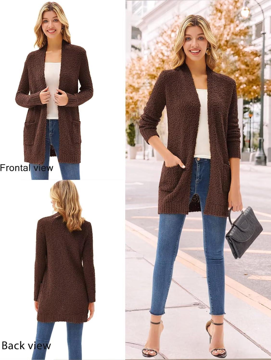 imageGRACE KARIN Long Cardigan Sweaters for Women Open Front Fuzzy Winter Coat Chunky Knit Winter Clothing with PocketsCoffee