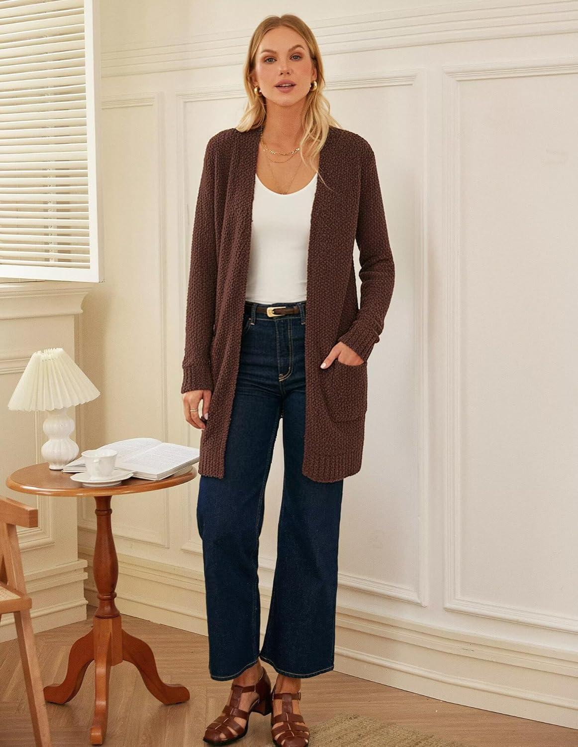 imageGRACE KARIN Long Cardigan Sweaters for Women Open Front Fuzzy Winter Coat Chunky Knit Winter Clothing with PocketsCoffee