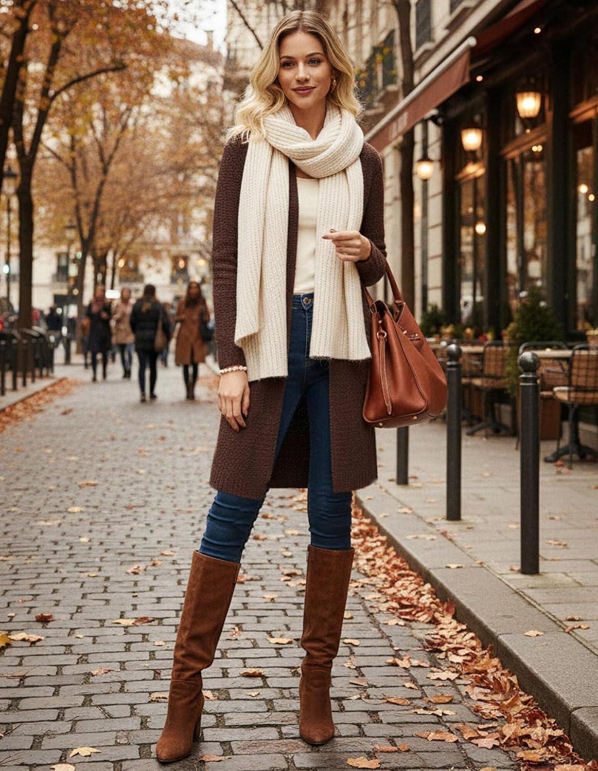 imageGRACE KARIN Long Cardigan Sweaters for Women Open Front Fuzzy Winter Coat Chunky Knit Winter Clothing with PocketsCoffee
