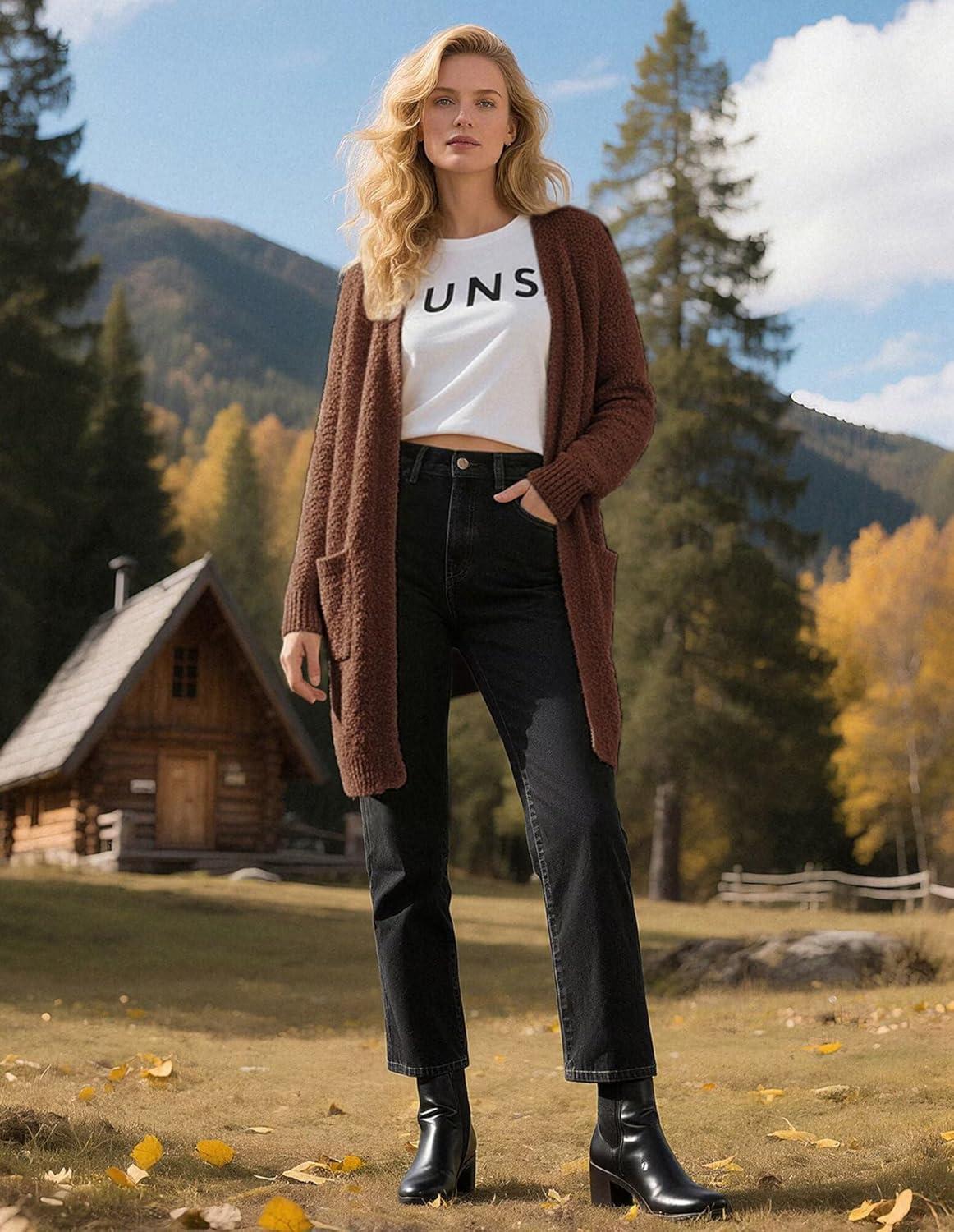 imageGRACE KARIN Long Cardigan Sweaters for Women Open Front Fuzzy Winter Coat Chunky Knit Winter Clothing with PocketsCoffee
