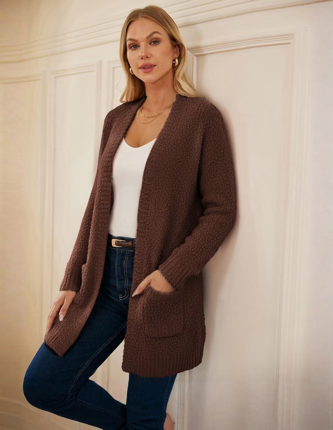 imageGRACE KARIN Long Cardigan Sweaters for Women Open Front Fuzzy Winter Coat Chunky Knit Winter Clothing with PocketsCoffee
