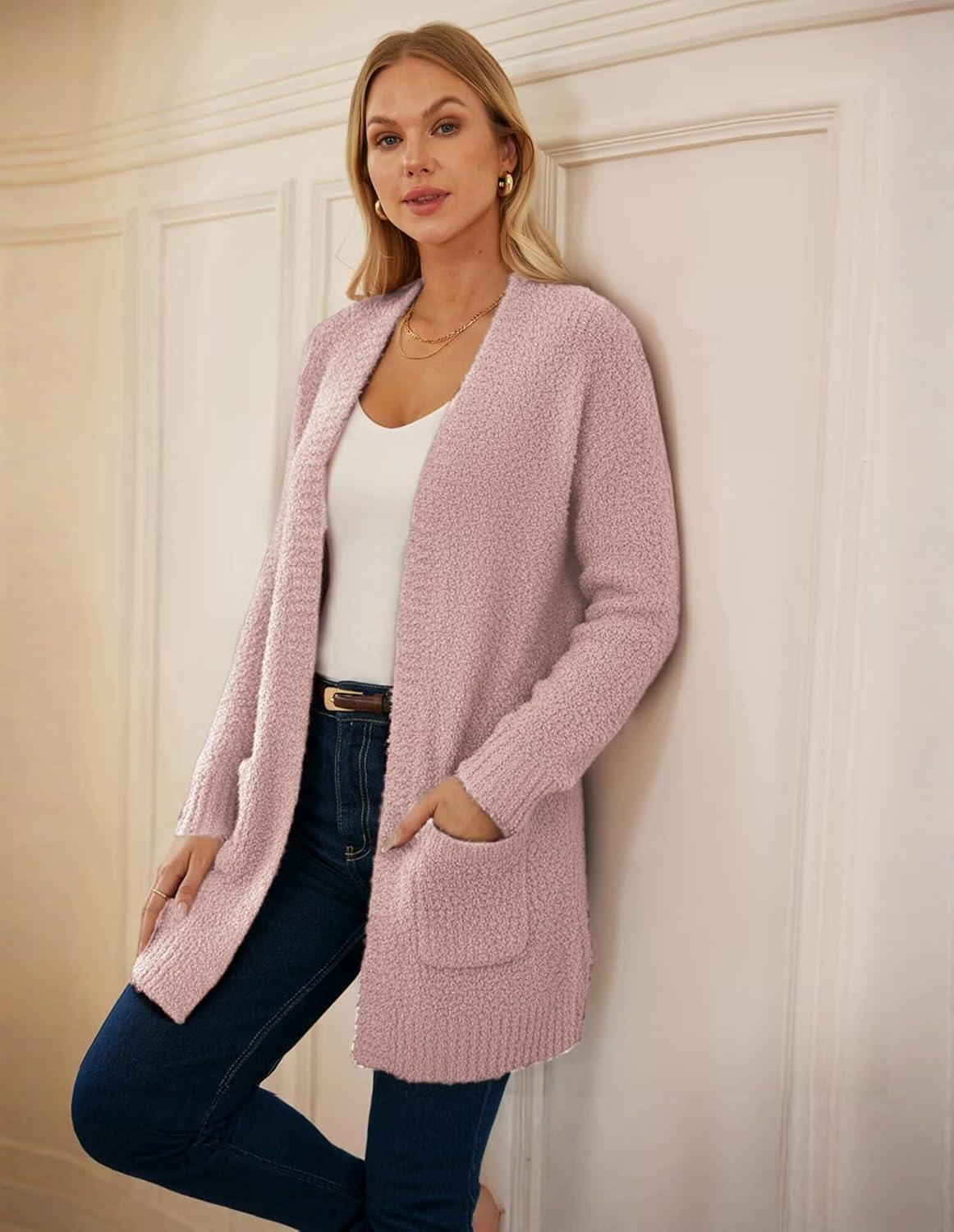 imageGRACE KARIN Long Cardigan Sweaters for Women Open Front Fuzzy Winter Coat Chunky Knit Winter Clothing with PocketsDusty Rose Pink