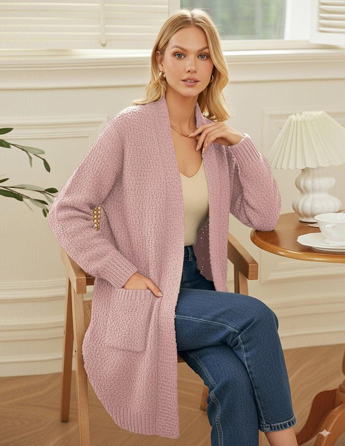 imageGRACE KARIN Long Cardigan Sweaters for Women Open Front Fuzzy Winter Coat Chunky Knit Winter Clothing with PocketsDusty Rose Pink
