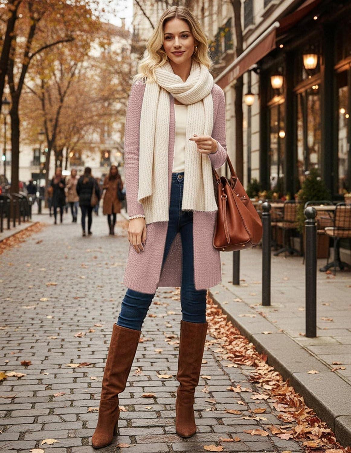 imageGRACE KARIN Long Cardigan Sweaters for Women Open Front Fuzzy Winter Coat Chunky Knit Winter Clothing with PocketsDusty Rose Pink