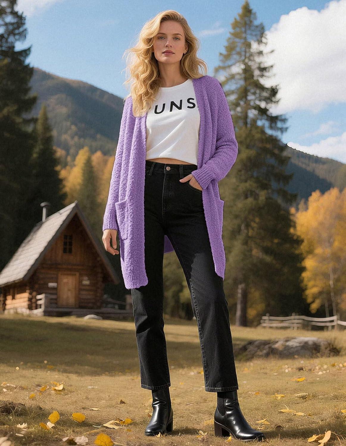 imageGRACE KARIN Long Cardigan Sweaters for Women Open Front Fuzzy Winter Coat Chunky Knit Winter Clothing with PocketsGrape
