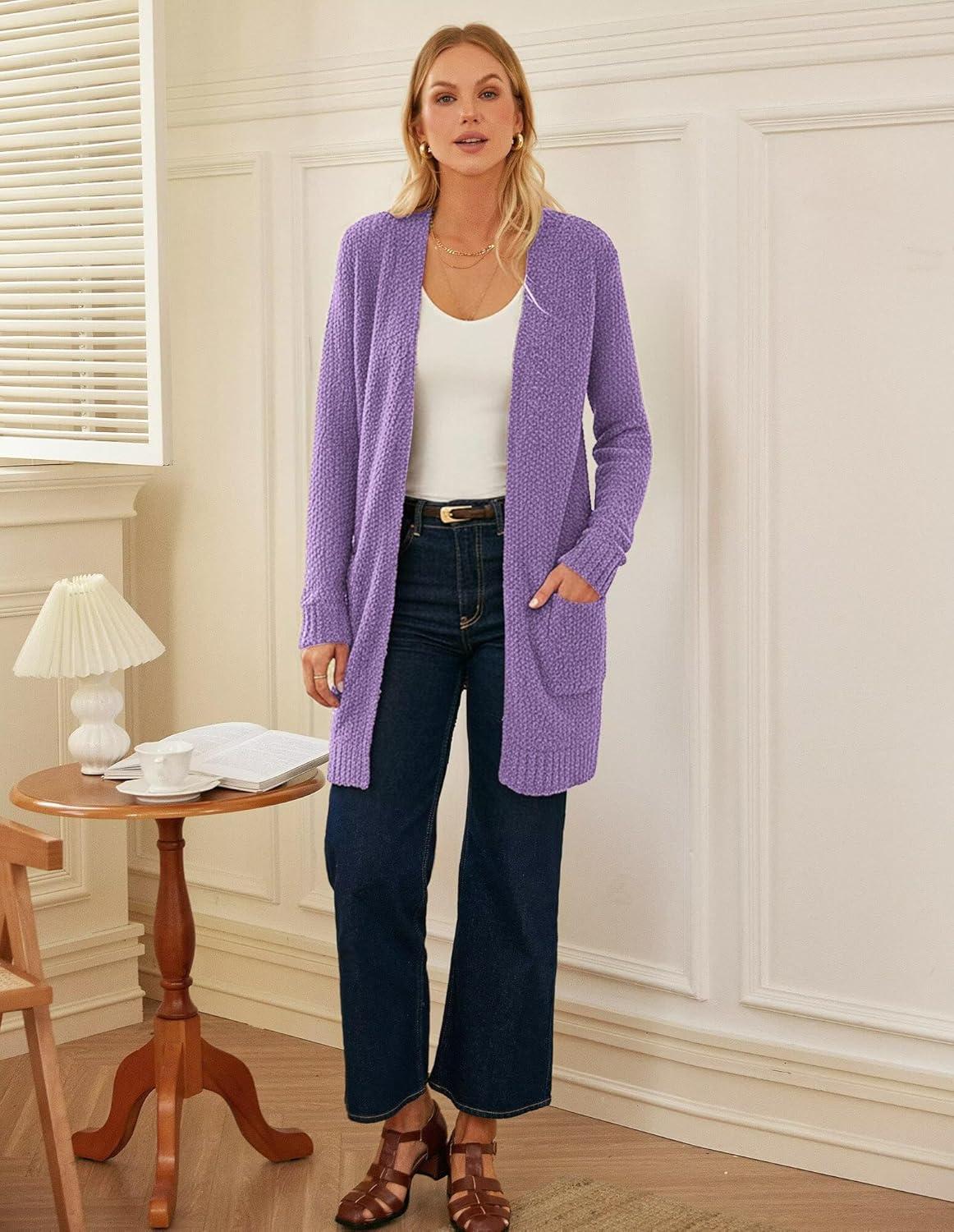 imageGRACE KARIN Long Cardigan Sweaters for Women Open Front Fuzzy Winter Coat Chunky Knit Winter Clothing with PocketsGrape