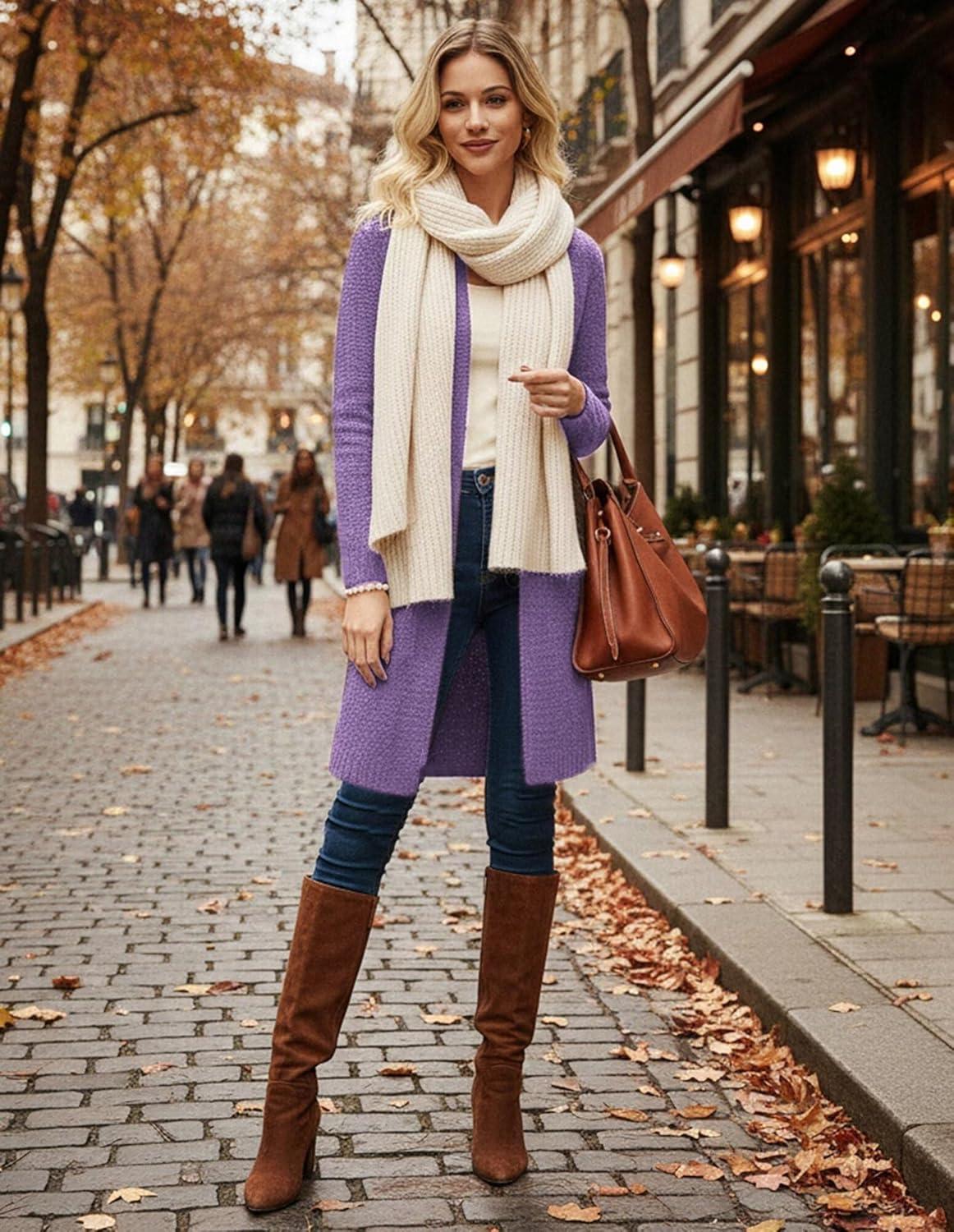 imageGRACE KARIN Long Cardigan Sweaters for Women Open Front Fuzzy Winter Coat Chunky Knit Winter Clothing with PocketsGrape