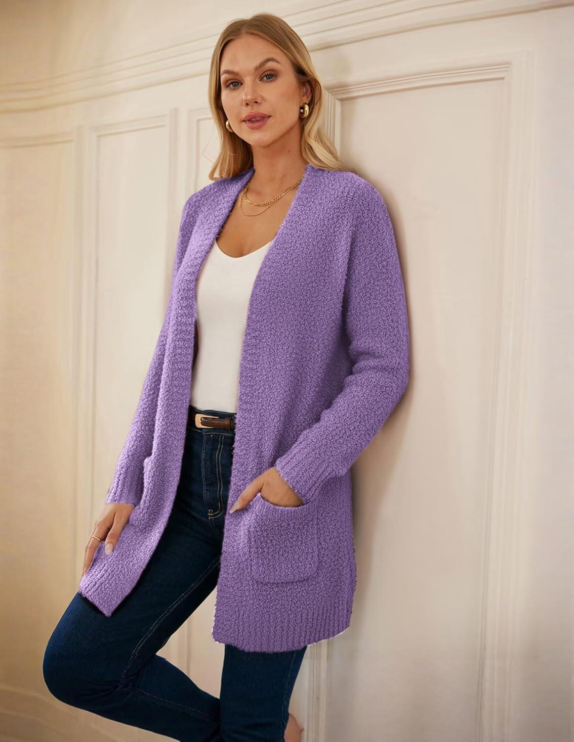 imageGRACE KARIN Long Cardigan Sweaters for Women Open Front Fuzzy Winter Coat Chunky Knit Winter Clothing with PocketsGrape