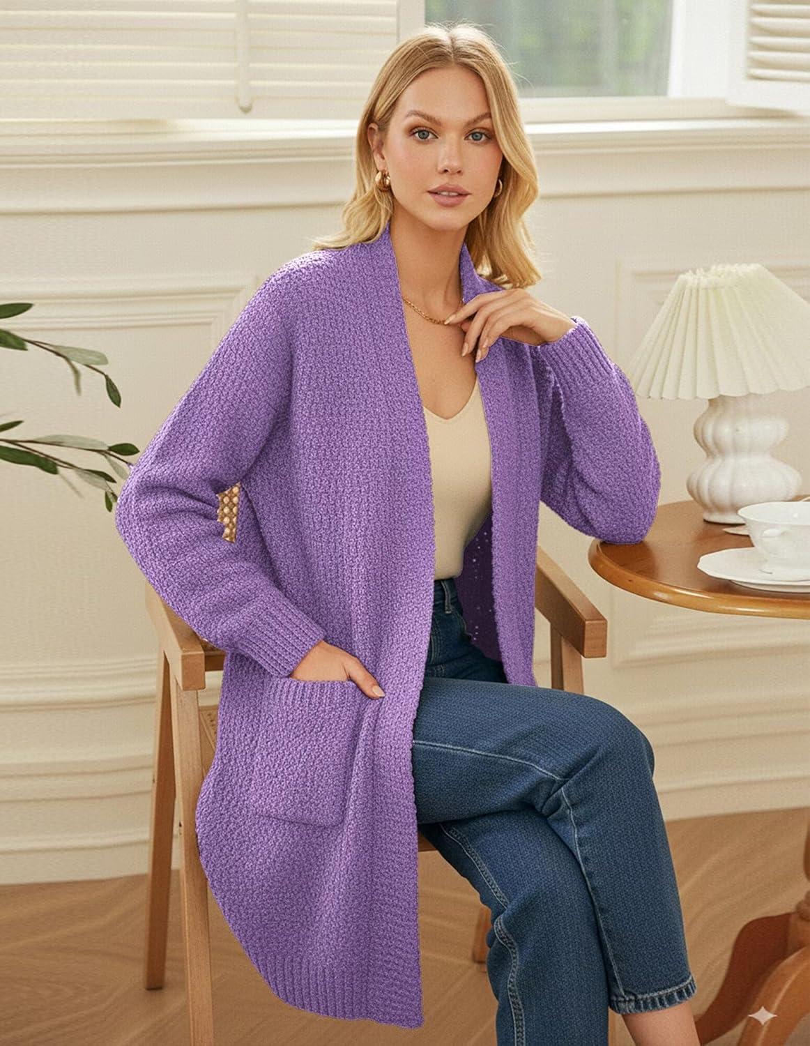 imageGRACE KARIN Long Cardigan Sweaters for Women Open Front Fuzzy Winter Coat Chunky Knit Winter Clothing with PocketsGrape