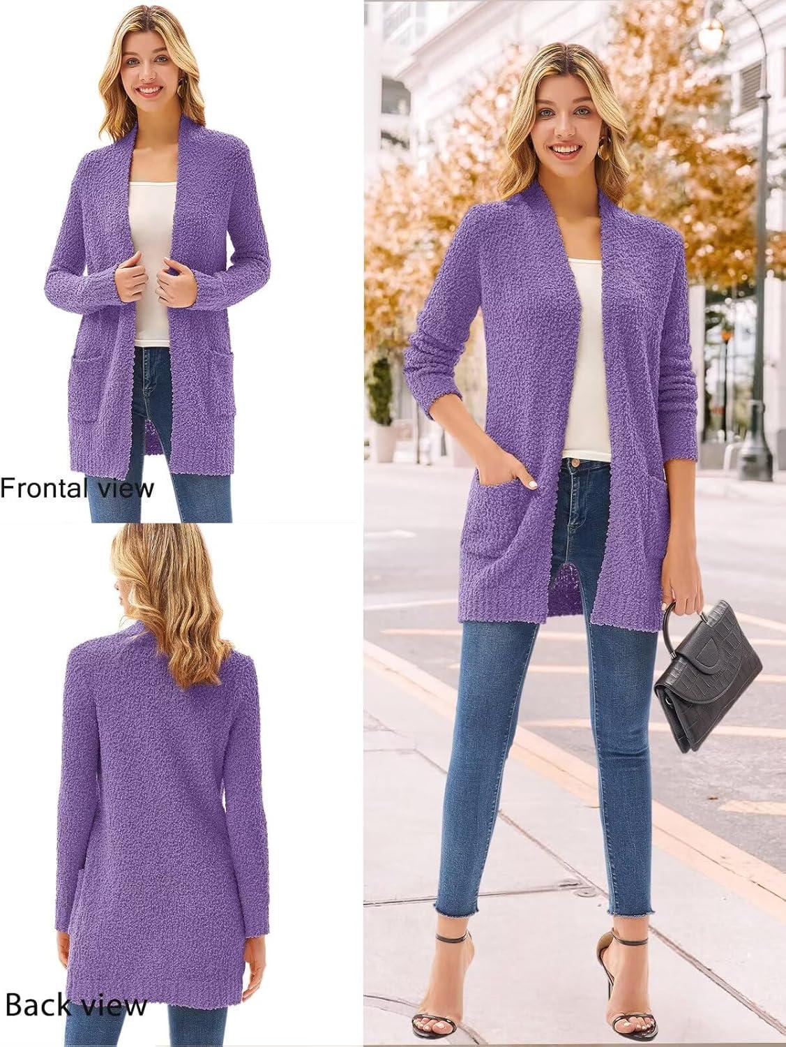 imageGRACE KARIN Long Cardigan Sweaters for Women Open Front Fuzzy Winter Coat Chunky Knit Winter Clothing with PocketsGrape