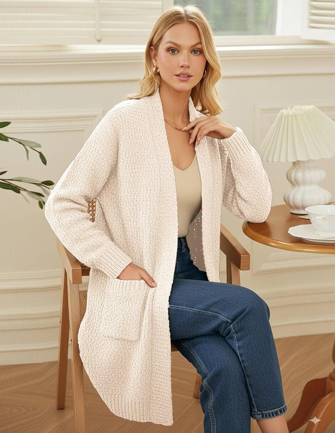 imageGRACE KARIN Long Cardigan Sweaters for Women Open Front Fuzzy Winter Coat Chunky Knit Winter Clothing with PocketsIvory