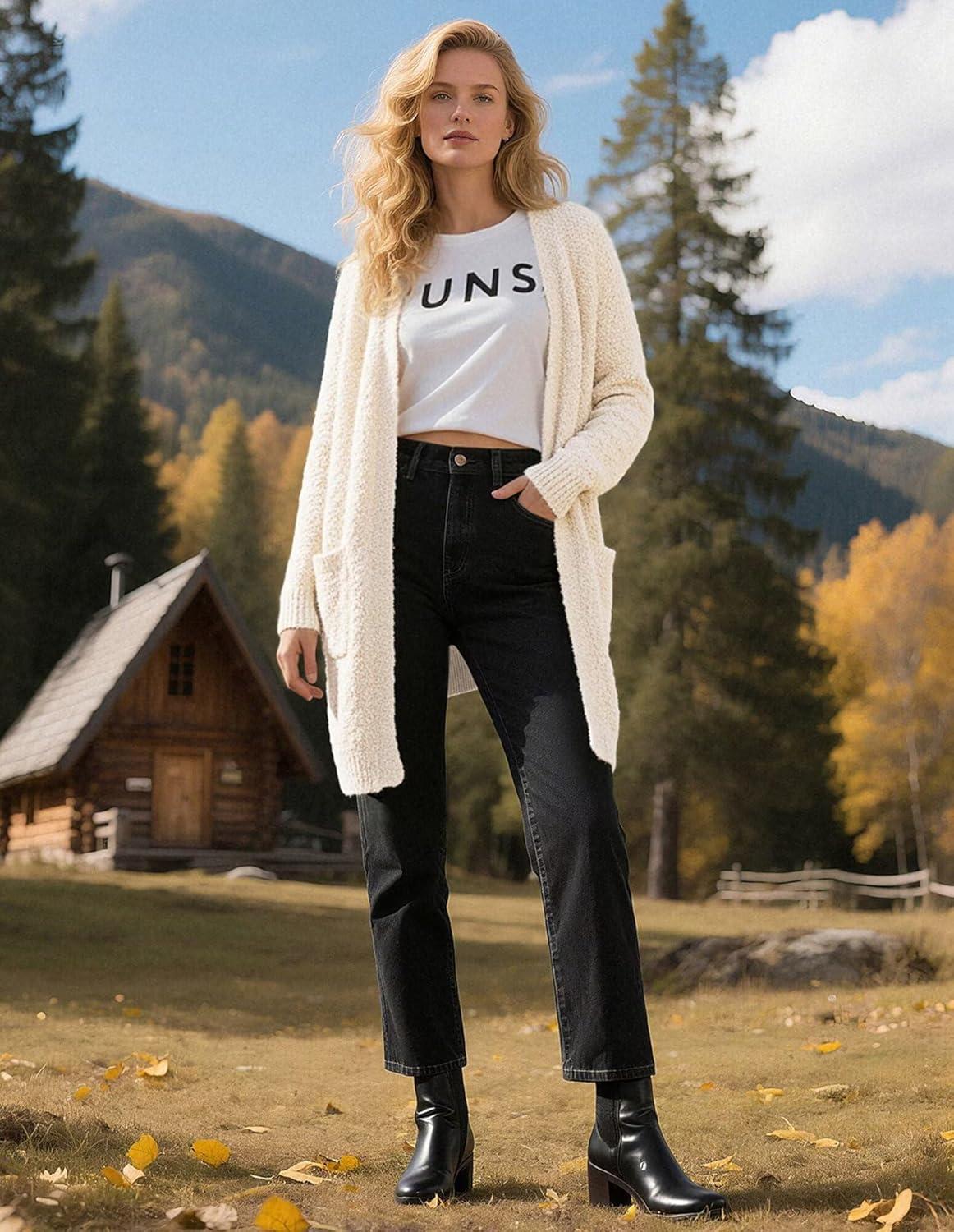 imageGRACE KARIN Long Cardigan Sweaters for Women Open Front Fuzzy Winter Coat Chunky Knit Winter Clothing with PocketsIvory