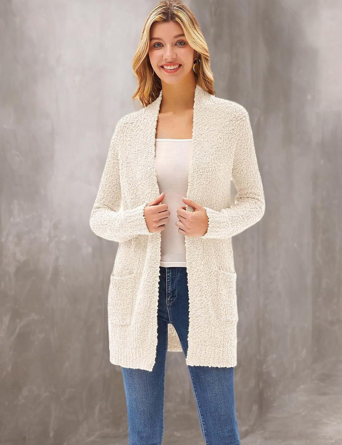 imageGRACE KARIN Long Cardigan Sweaters for Women Open Front Fuzzy Winter Coat Chunky Knit Winter Clothing with PocketsIvory
