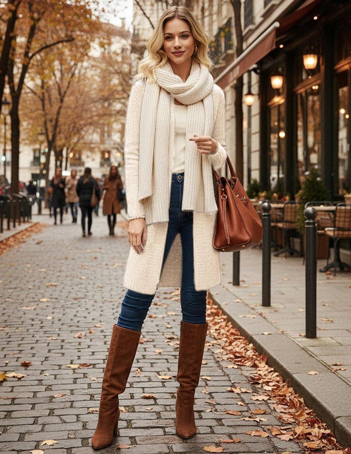imageGRACE KARIN Long Cardigan Sweaters for Women Open Front Fuzzy Winter Coat Chunky Knit Winter Clothing with PocketsIvory