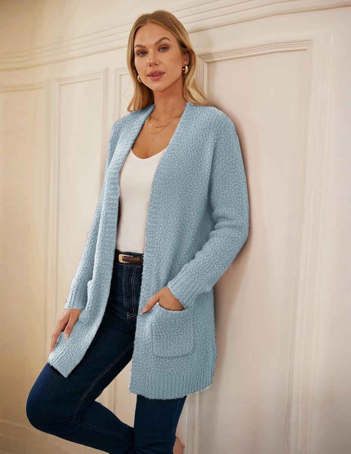 imageGRACE KARIN Long Cardigan Sweaters for Women Open Front Fuzzy Winter Coat Chunky Knit Winter Clothing with PocketsLight Blue