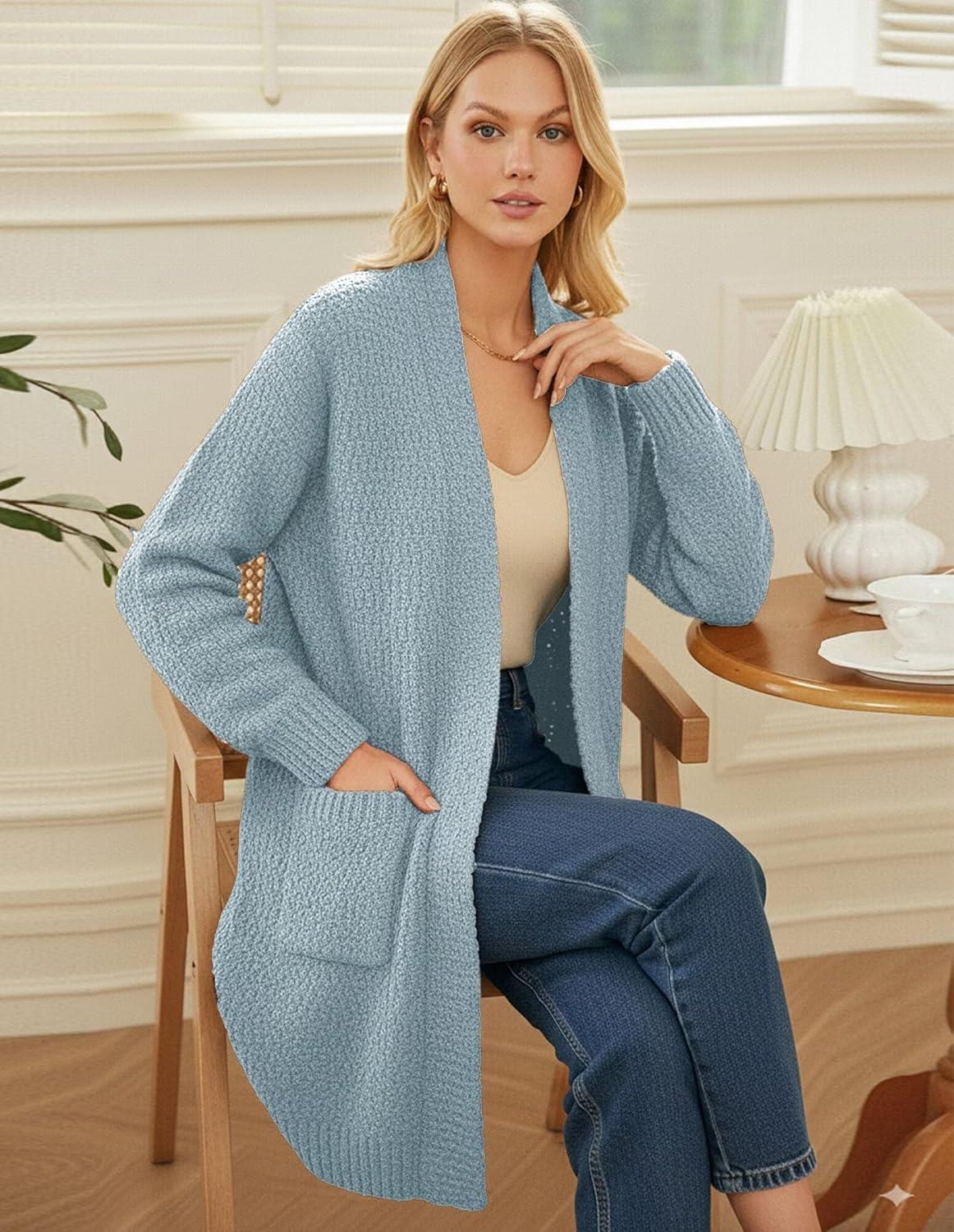 imageGRACE KARIN Long Cardigan Sweaters for Women Open Front Fuzzy Winter Coat Chunky Knit Winter Clothing with PocketsLight Blue