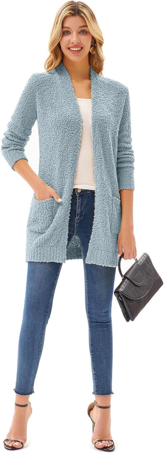 imageGRACE KARIN Long Cardigan Sweaters for Women Open Front Fuzzy Winter Coat Chunky Knit Winter Clothing with PocketsLight Blue