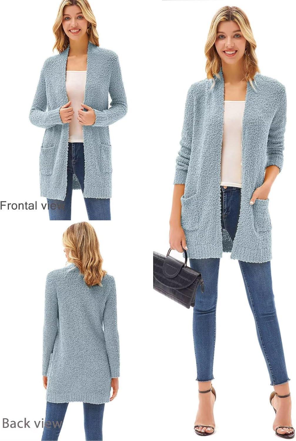 imageGRACE KARIN Long Cardigan Sweaters for Women Open Front Fuzzy Winter Coat Chunky Knit Winter Clothing with PocketsLight Blue