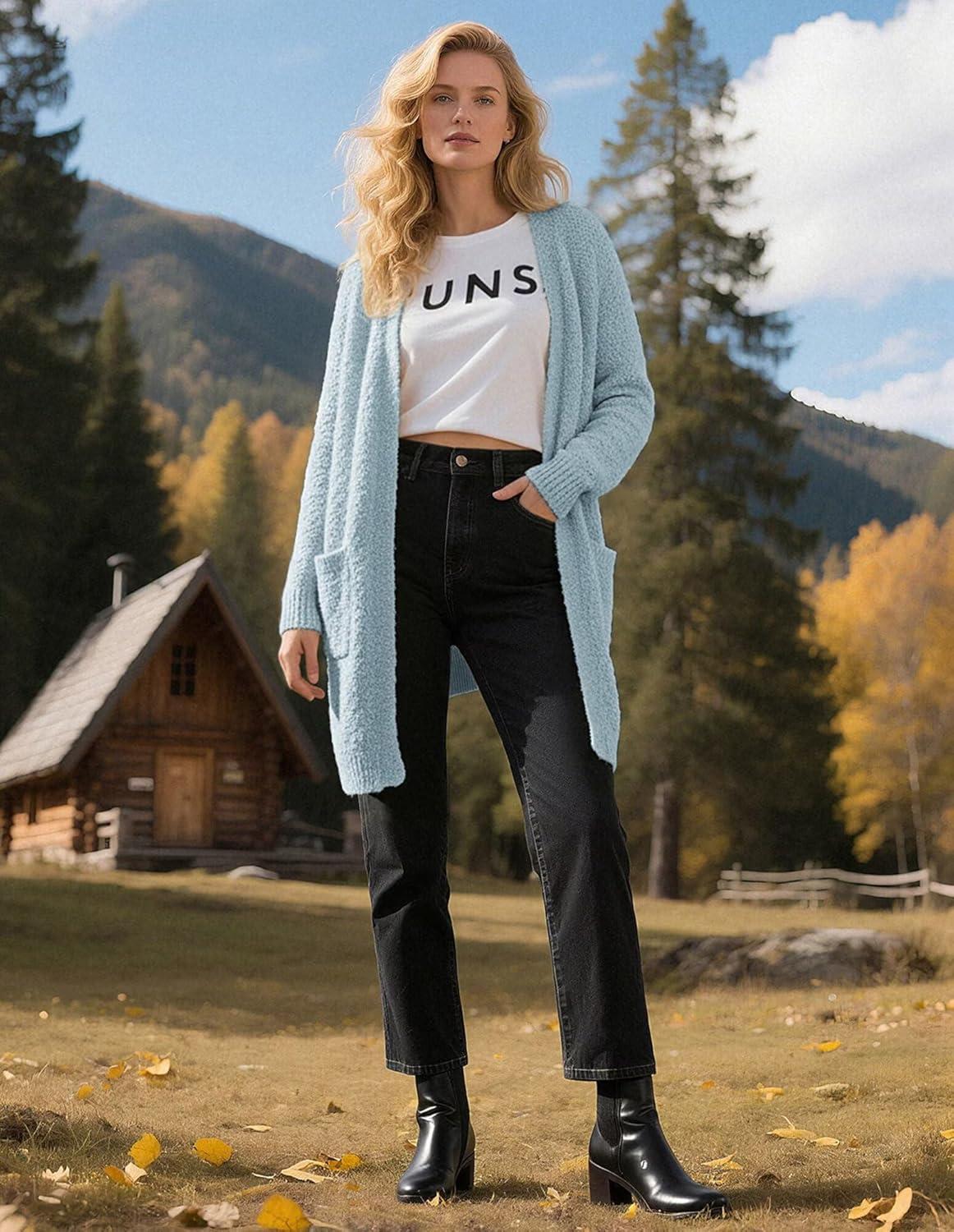 imageGRACE KARIN Long Cardigan Sweaters for Women Open Front Fuzzy Winter Coat Chunky Knit Winter Clothing with PocketsLight Blue