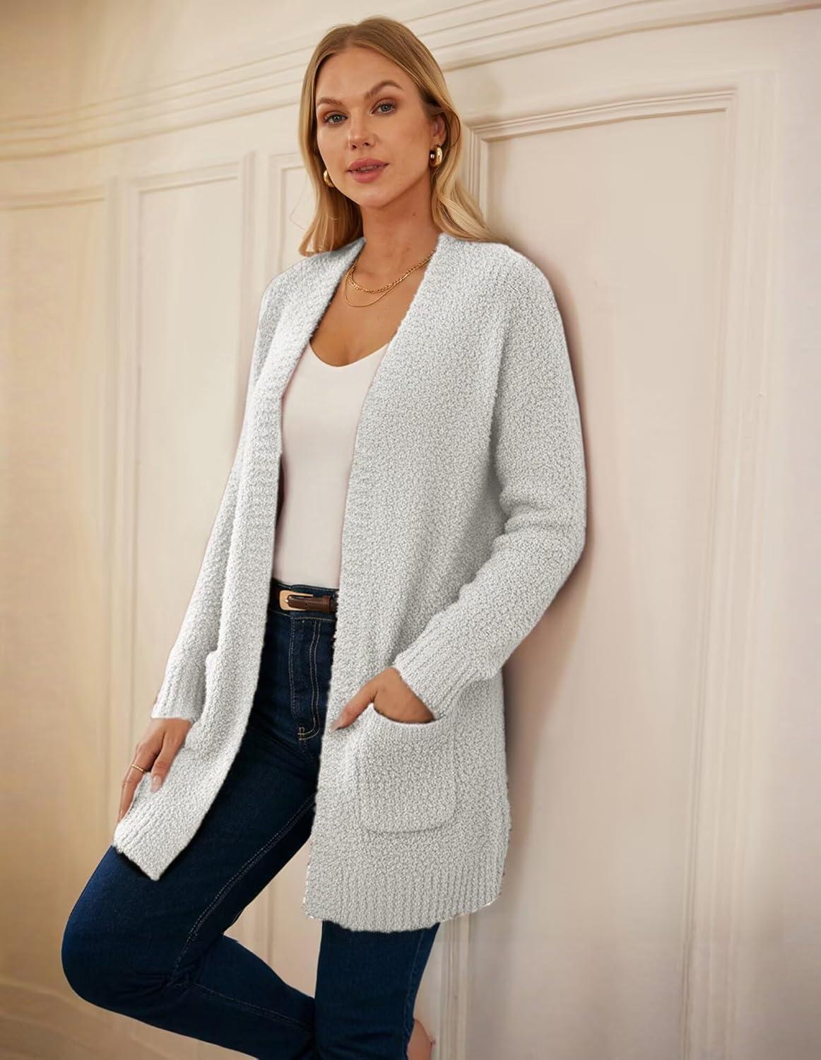 imageGRACE KARIN Long Cardigan Sweaters for Women Open Front Fuzzy Winter Coat Chunky Knit Winter Clothing with PocketsLight Gray