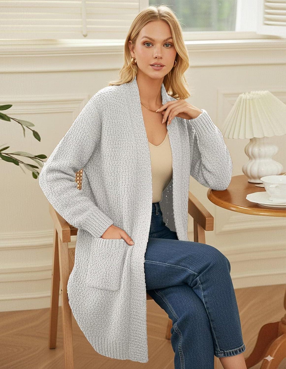 imageGRACE KARIN Long Cardigan Sweaters for Women Open Front Fuzzy Winter Coat Chunky Knit Winter Clothing with PocketsLight Gray