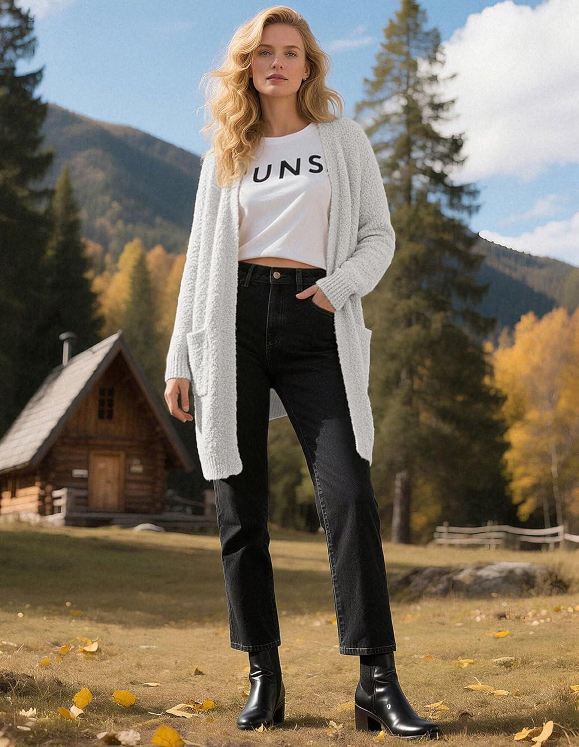 imageGRACE KARIN Long Cardigan Sweaters for Women Open Front Fuzzy Winter Coat Chunky Knit Winter Clothing with PocketsLight Gray