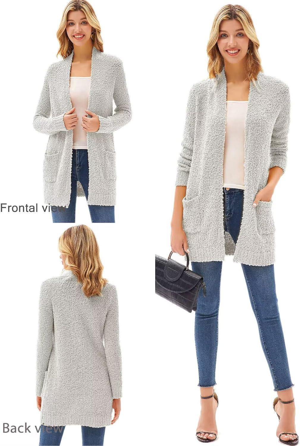 imageGRACE KARIN Long Cardigan Sweaters for Women Open Front Fuzzy Winter Coat Chunky Knit Winter Clothing with PocketsLight Gray