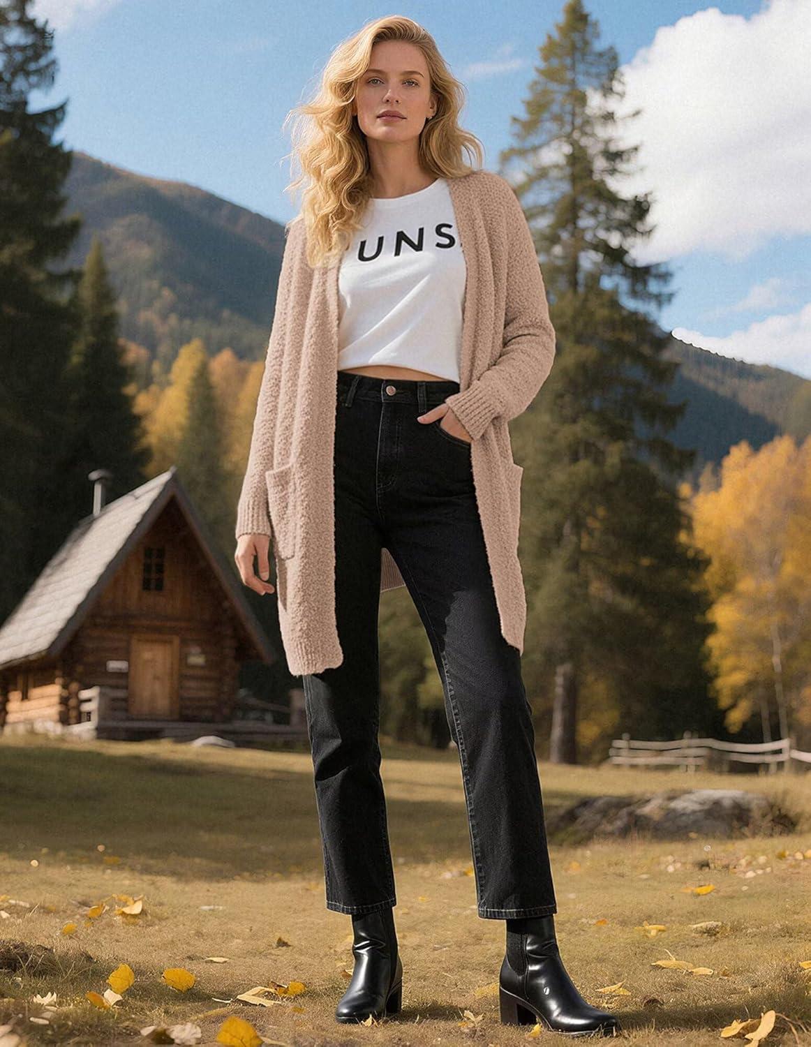 imageGRACE KARIN Long Cardigan Sweaters for Women Open Front Fuzzy Winter Coat Chunky Knit Winter Clothing with PocketsMid Camel