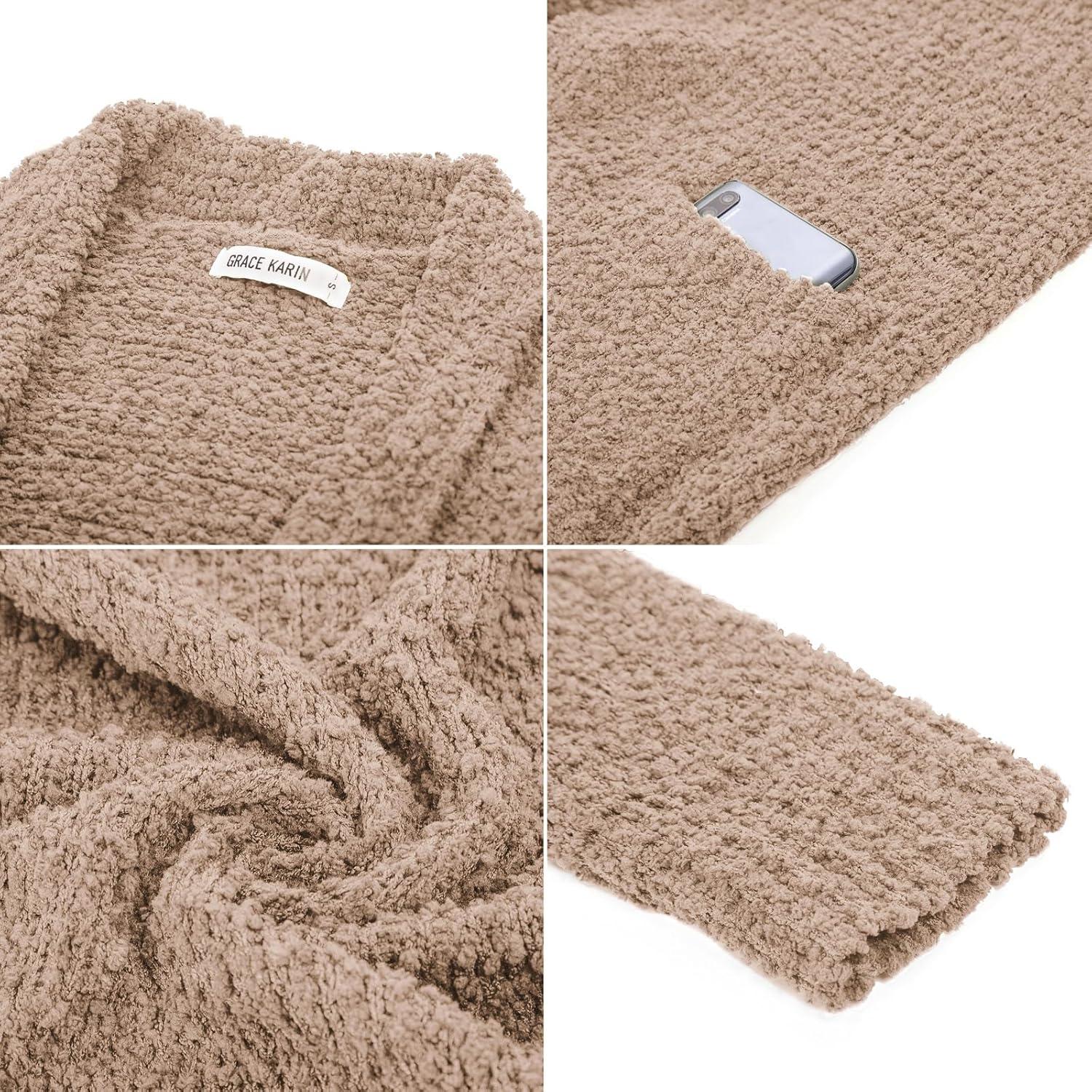 imageGRACE KARIN Long Cardigan Sweaters for Women Open Front Fuzzy Winter Coat Chunky Knit Winter Clothing with PocketsMid Camel